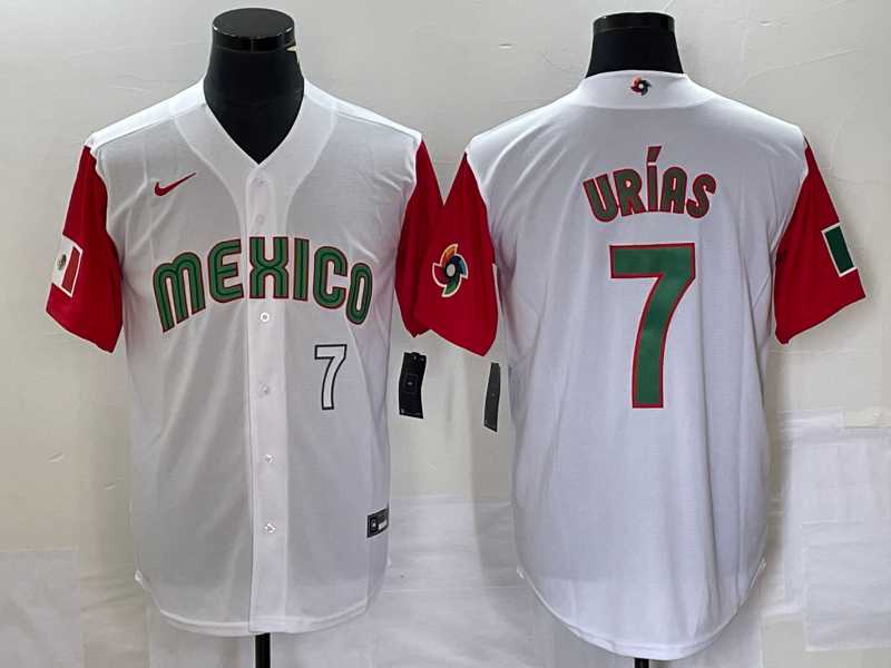 Mens Mexico Baseball #7 Julio Urias Number 2023 White Red World Classic Stitched Jersey54